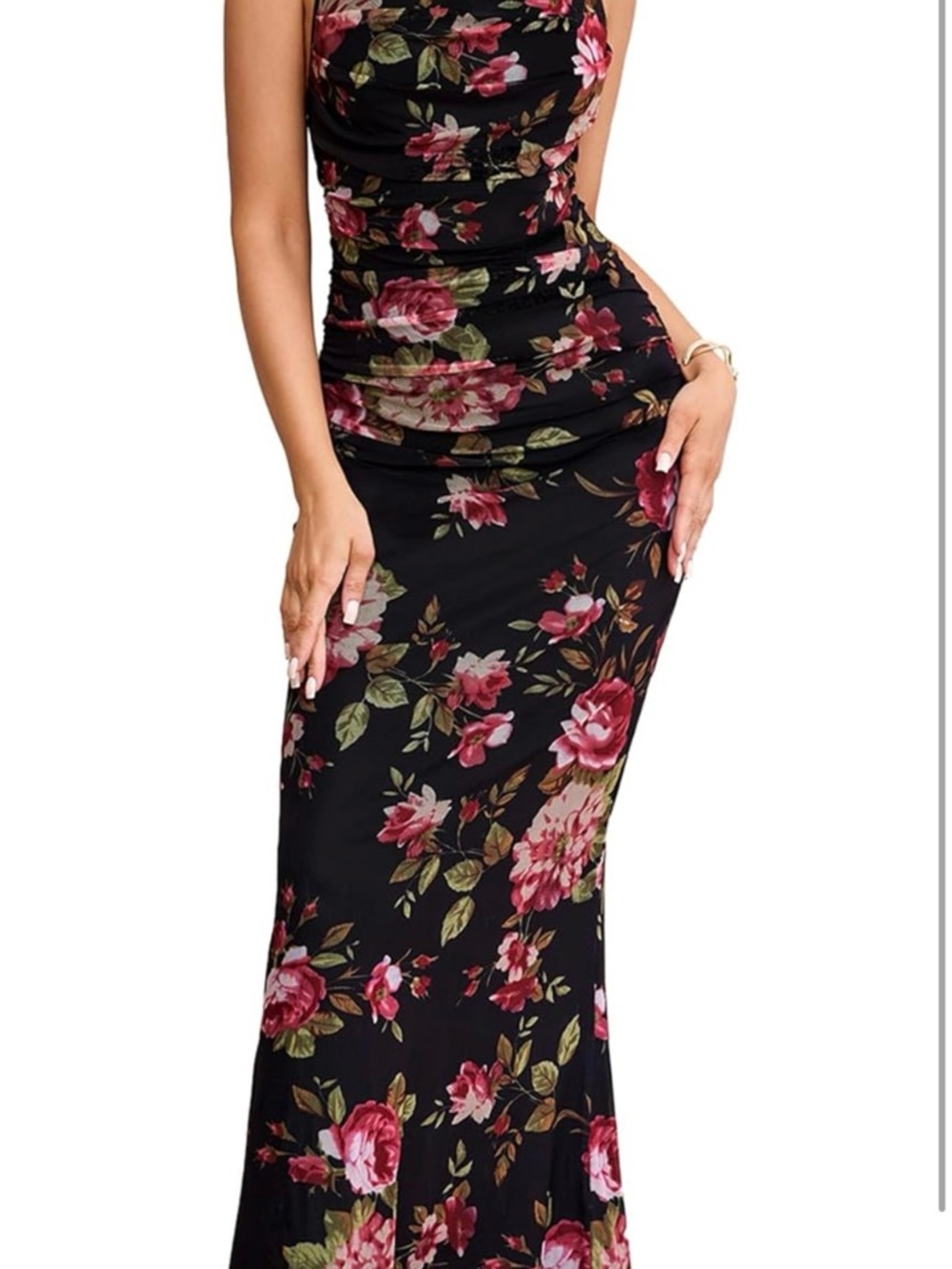 Black Floral Ruched Maxi Dress - Pink & Green Roses